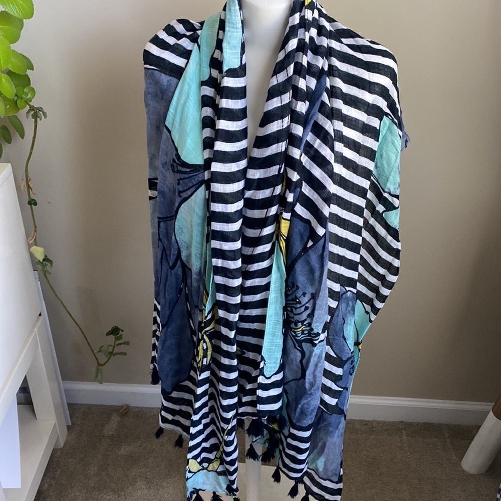 Striped Black & White Scarf with Aqua Floral Accents